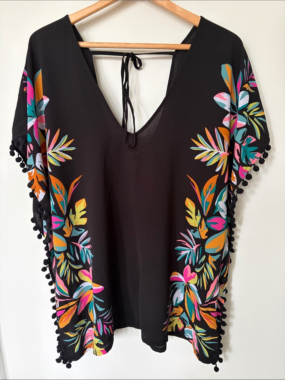 Xhileration Women’s Black Floral Pom-Pom Swim Cover-Up